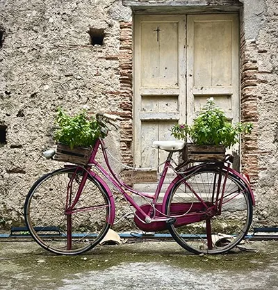 Vélo rose devant une porte de village