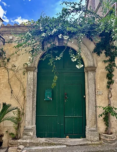 Porte verte sous une arche fleurie