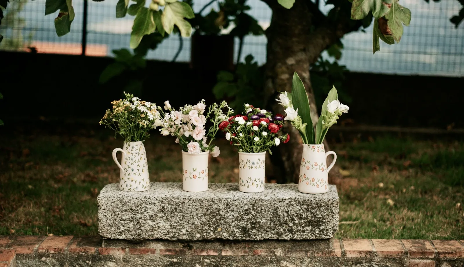Quatre vases fleuris posés sur un banc de pierre, sous un figuier