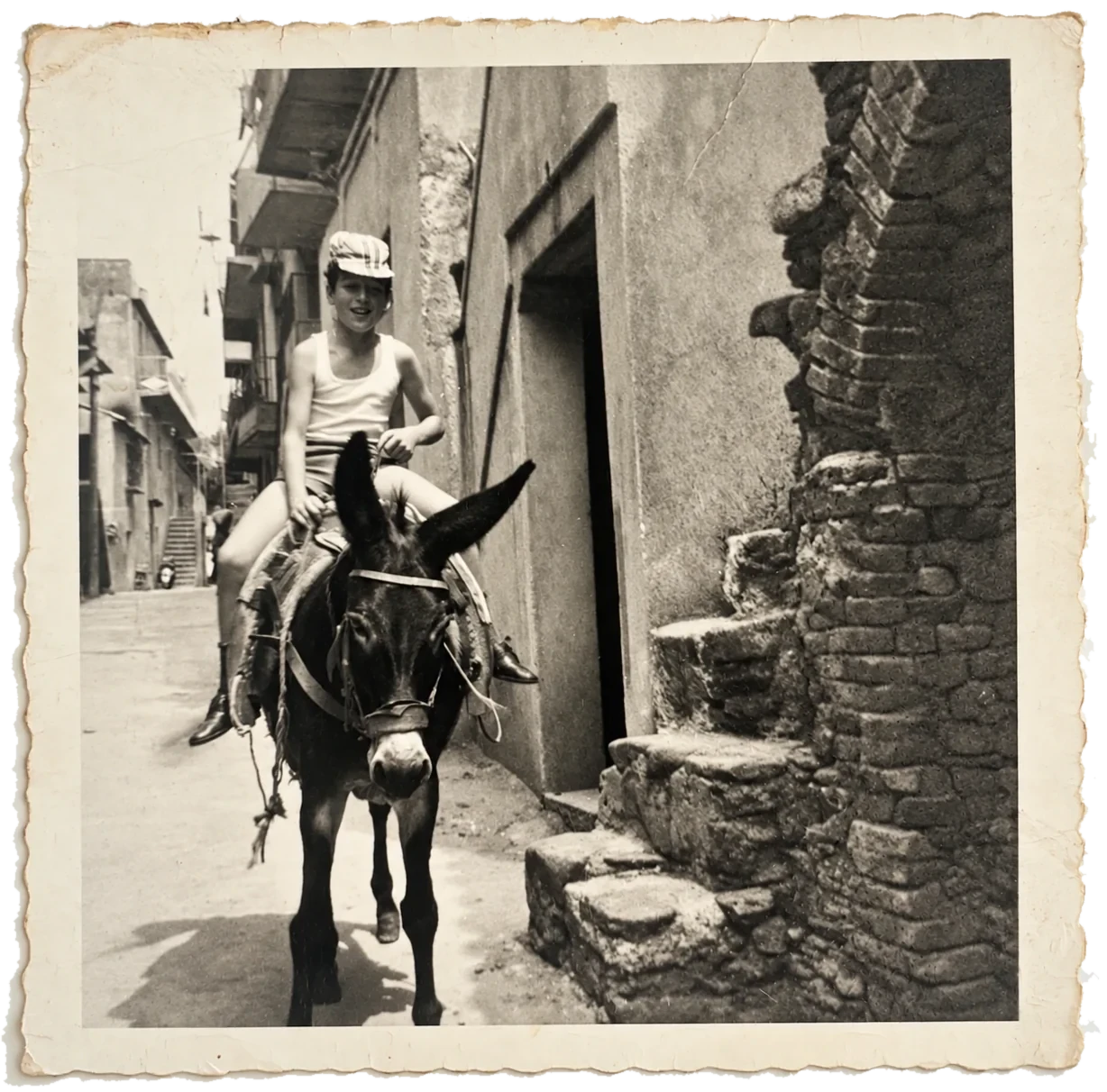 Photo de famille en noir et blanc : un garçon à dos d’âne dans une ruelle de village, dans le sud de l’Italie